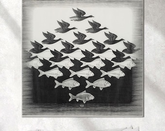 Escher-Inspired Optical Illusion Wall Art – Birds and Fish Black White Canvas – Surreal Geometric Decor