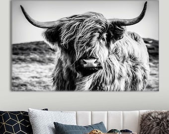 Black And White Highland Cow Canvas Wall Art, Rustic Farm Animal Framed Canvas Decor for Modern Living Room Wall Decor