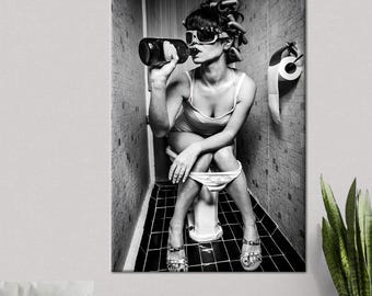 Funny Bathroom Canvas Print: Retro Woman on Toilet, Humorous Home Decor
