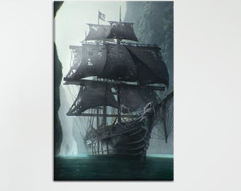 Dark Pirate Ship Canvas Art Print, Ghost Ship Wall Decor, Nautical Fantasy Cotton Canvas Artwork, Gothic Ocean Wall Art