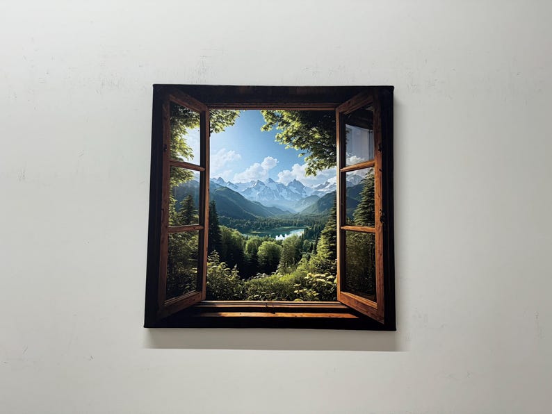 May include: A framed canvas print of a window looking out onto a mountain range and a lake. The window is open and the view is framed by green trees.