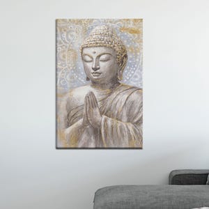 Quadro su tela raffigurante il Buddha pacifico - Poster con posa di preghiera grigio dorato - Decorazione zen spirituale per sala di meditazione, studio yoga o spazi sereni
