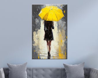 Woman with Yellow Umbrella Canvas Art: Abstract Girl Room Decor