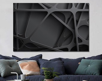 May include: Abstract geometric design with black lines and shapes creating a web-like pattern.