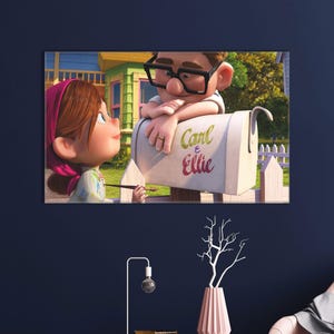 Carl and Ellie Canvas Wall Art - Romantic Pixar Inspired Up Movie Poster - Wholesome Mailbox Scene Decor for Couples, Kids or Animation Fans