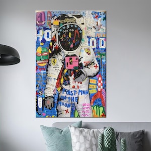 Colorful Astronaut Pop Art Canvas,Graffiti Style 'First Man on the Moon' Print on Cotton Canvas for Bold, Urban, and Contemporary Wall Decor