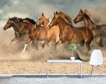 Running Horses Wall Mural, Wild Mustang Desert Wallpaper, Peel and Stick Animal Nature Decor, Powerful Galloping Horse Wall Art for Room
