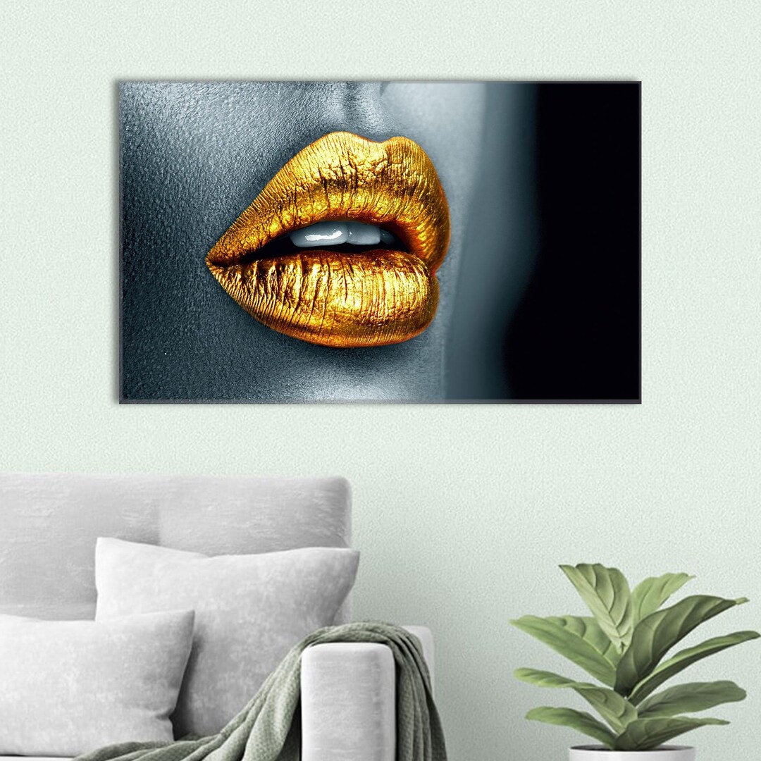 Golden Lips Canvas Wall Art - Glamorous Metallic Lip Close-up Poster ...