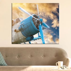Vintage Propeller Flugzeug Leinwanddruck - Blauer Flugzeugmotor Wandkunst - Luftfahrt Poster für Büro, Pilot Geschenk oder industrielles Wohndekor