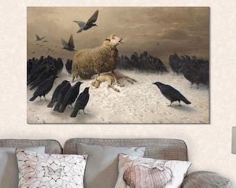 Gothic Sheep and Crows Canvas Art: Symbolic Animal Painting