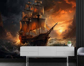 Mural de pared de barco pirata, mural de pared de barco náutico, arte de pared de aventura y océano, decoración de viaje marino, mural de pared de barco en el océano tormentoso,