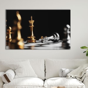 Gold und Silber Schach Leinwand Wandkunst - Schachmatt Strategiespiel Poster - Moderner schwarzer Hintergrund Druck für Büro oder Arbeitszimmer Dekor