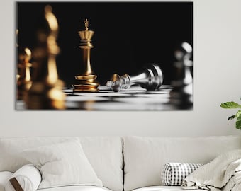 Lienzo de ajedrez para pared: Jaque mate dorado y plateado - Decoración moderna de oficina