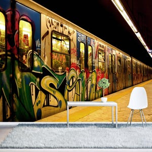 Graffiti Subway Wall Art, Underground Train Graffiti Wall Art, Graffiti Train Wall Art, Subway Street Art Mural, Night Subway Graffiti,