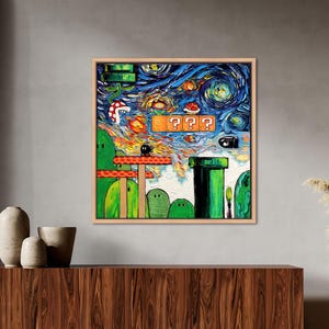 Super Mario Canvas Art: Van Gogh Starry Night Style, Game Room Decor