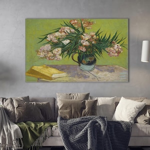Impresión en lienzo de arte mural de adelfas y libros de Van Gogh, pintura floral posimpresionista, póster de algodón para decoración artística del hogar.
