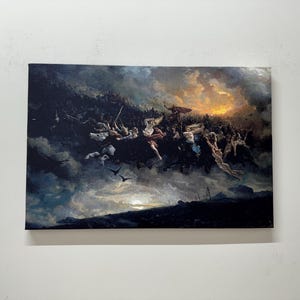 May include: A painting depicting a group of figures riding on a dark cloud, with a fiery sunset in the background. The figures are dressed in various shades of brown, red, and blue, and they are surrounded by a flock of black birds.