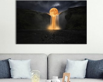 Moonlit Waterfall Canvas Wall Art: Surreal Fantasy Landscape