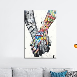 Graffiti Holding Hands Canvas Wall Art - Colorful Street Art Poster of Unity and Love - Urban Modern Print for Studio, Bold Decor Space