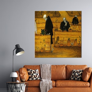 May include: A painting depicting three skeletons in black robes tending to a garden. The skeletons are surrounded by flowers and plants in a yellow and brown landscape. The painting is titled "The Garden of Death" by Carl Larsson.
