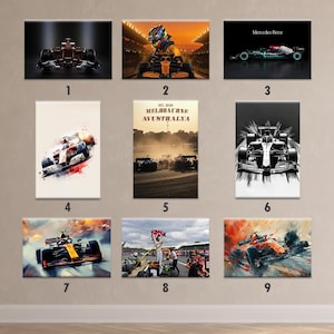Formula 1 Wall Art, F1 Poster Set, Motorsport Canvas Print, Racing Car Framed Decor, Racer Gift, Home Office Racing Art, Grand Prix Prints