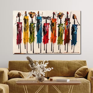 Colorful African Tribe Canvas Wall Art, Ethnic Abstract People Painting Printed on Premium Cotton Canvas for Boho and Cultural Home Decor