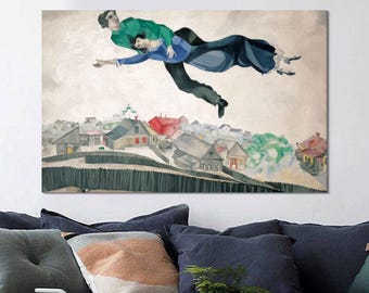 Marc Chagall &#39;Over The Town&#39; Canvas Wall Art: Framed Reproduction Decor