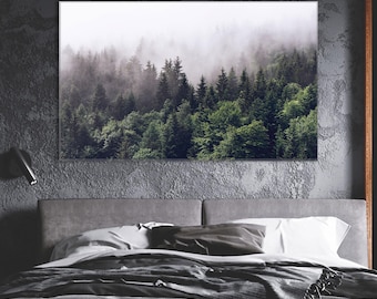 Canvaskunst mistig dennenbos: afdruk mistig boslandschap