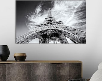 Impresión en lienzo de la Torre Eiffel: Arquitectura parisina en blanco y negro