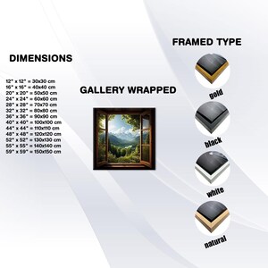 May include: A framed canvas print of a window view with a mountain landscape. The print is available in four frame colors: gold, black, white, and natural. The canvas print is gallery wrapped, meaning the image is printed on the sides of the canvas.