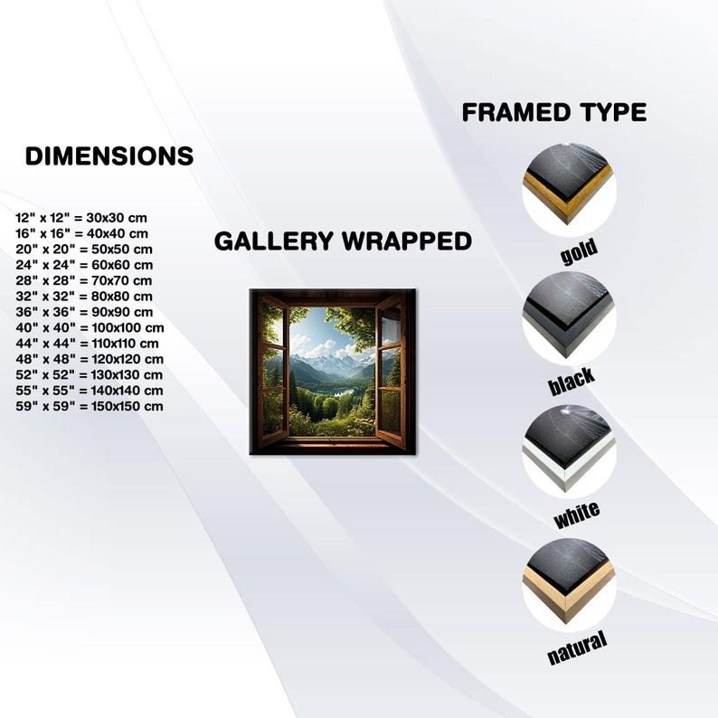 May include: A framed canvas print of a window view with a mountain landscape. The print is available in four frame colors: gold, black, white, and natural. The canvas print is gallery wrapped, meaning the image is printed on the sides of the canvas.