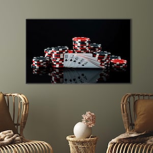 Pokerchips en Royal Flush Muurkunst Doek Casino Thema Fotografieposter Katoenen canvas Decor voor Game Room of Man Cave Stijl