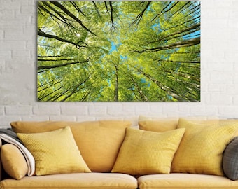 May include: A canvas print of a forest canopy, viewed from below. The image captures the vibrant green leaves of the trees against a bright blue sky. The artwork is displayed above a yellow sofa with matching pillows, creating a nature-inspired living room.
