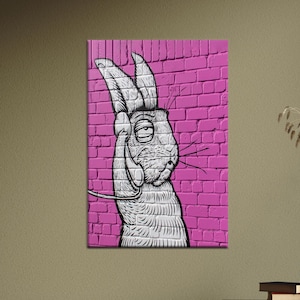 Graffiti Bunny Canvas Wall Art - Funny Pink Brick Rabbit Street Art Poster - Urban Pop Style Decor for Teens Room or Creative Spaces