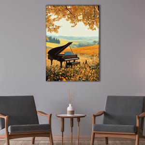 Quadro su tela "Pianoforte autunnale nel prato" - Paesaggio autunnale con pianoforte a coda - Poster in tela di cotone con campo giallo tranquillo per la casa