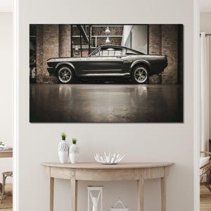 Vintage Ford mustang Leinwand Kunst: Klassisches Muskelauto Garagenszene