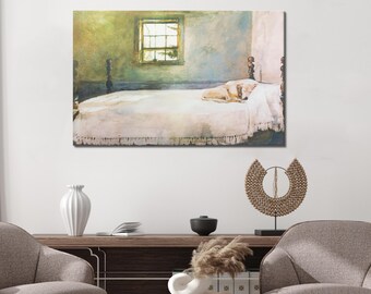May include: A canvas print depicts a serene interior scene. A dog rests on a bed covered with a white blanket. The room features a window and a wooden bed frame. The artwork is displayed above a wooden cabinet with decorative items.