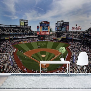 Baseball Stadium Wall Mural, NYC Mets Game Field Wallpaper, Sports Fan Peel and Stick Wall Art, Panoramic Ballpark Room Decoration