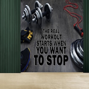 Fitness Motivation Wall Mural, Workout Gym Quote Wallpaper, Peel and Stick Exercise Room Decor, Dumbbell Jump Rope Training Wall Art