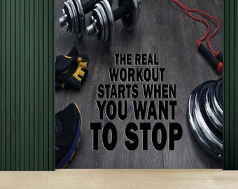 Fitness Motivation Wall Mural, Workout Gym Quote Wallpaper, Peel and Stick Exercise Room Decor, Dumbbell Jump Rope Training Wall Art