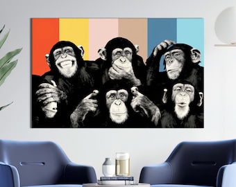 Animal Wall Decor, Abstract Monkey Wise Monkeys Art, Monkey Art Canvas, Monkeys Painting Canvas Art, Gift For The Home, Handmade Gift,