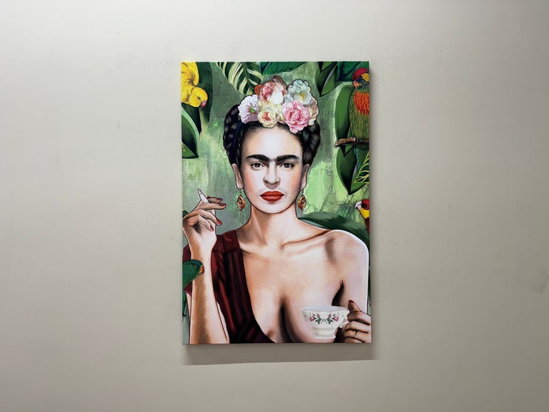 Frida Kahlo inspired wall art, tropical portrait with flowers, tea cup, and parrots, bold modern canvas print
