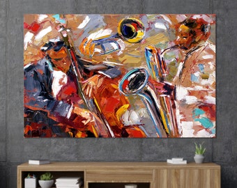 May include: A colorful abstract painting of three musicians playing instruments. The painting is done in a loose, expressive style with bold strokes of color. The musicians are playing a trumpet, a trombone, and a double bass. The painting is full of energy and movement.
