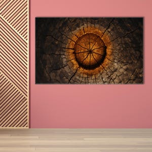 Lienzo decorativo con textura de tronco de árbol - Póster de anillos de crecimiento de veta de madera rústica - Impresión en lienzo de algodón en tonos marrones naturales para decoración terrosa