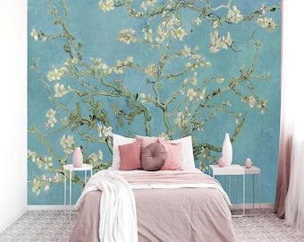 Mural de pared de almendro en flor de Van Gogh, papel pintado floral vintage, decoración botánica azul autoadhesiva, arte mural impresionista clásico.