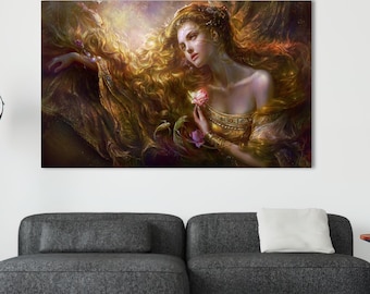 May include: A digital painting of a woman with long, flowing auburn hair, adorned with a floral crown. She wears a gold-colored dress and holds a pink rose. The artwork has a soft, ethereal quality with warm, golden tones.