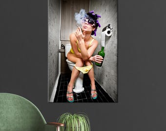 Funny Woman Canvas Art: Wine, Cigarette, Curlers - Humor Home Decor
