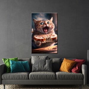 Funny Cat Eating Toast Canvas Art - Modern Kitchen Decor