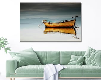 Yellow Boat Canvas Art: Sea Landscape Wall Decor
