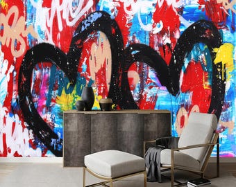 Graffiti Herz Wandbild, Pop Art Street Style Dekor, Buntes Herz Graffiti Tapete, Moderne Straßenwandkunst, Abstraktes Herz Wandbild